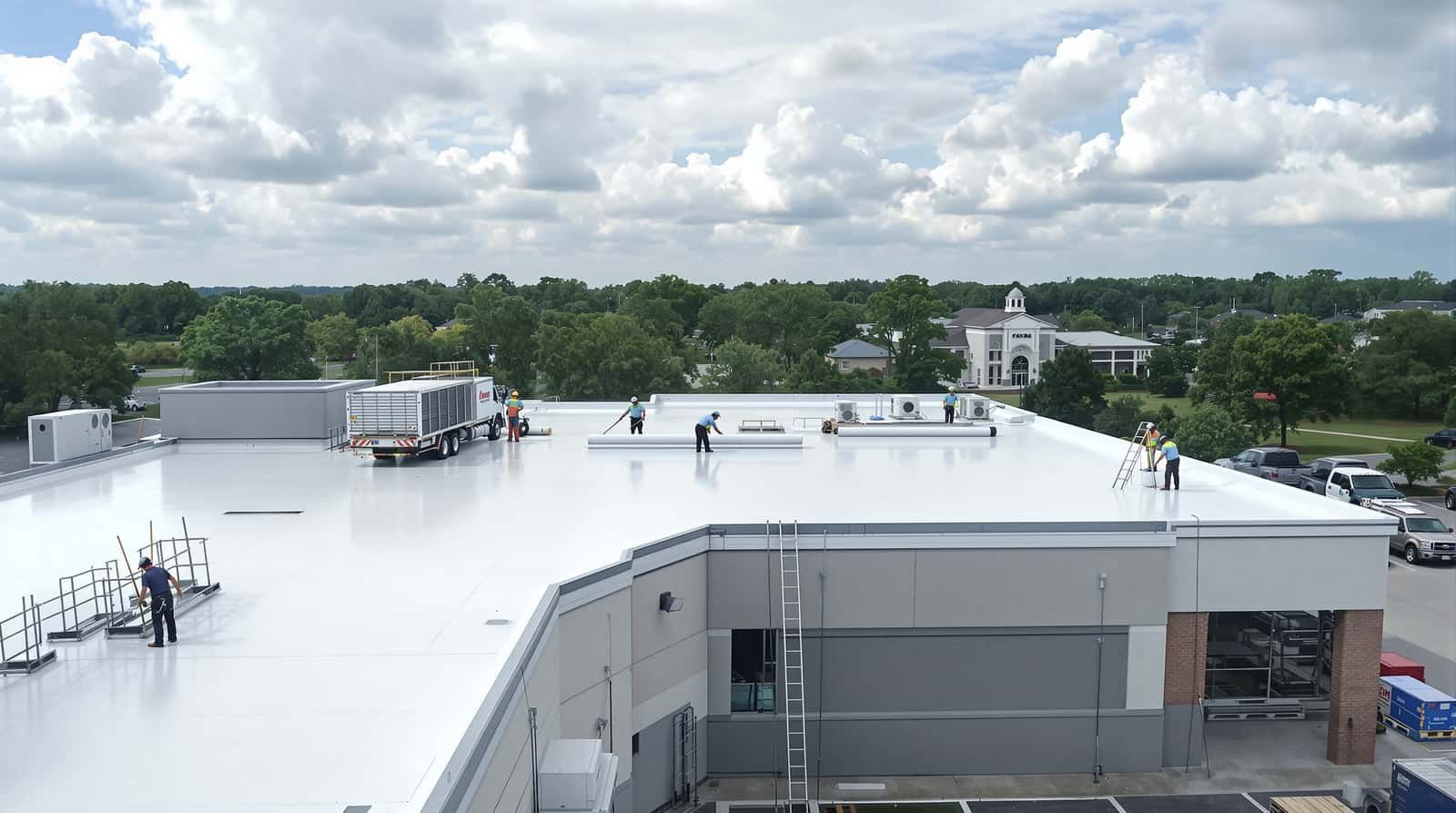 Commercial roofing installation on a business property in Mobile County, Mobile County, Alabama by Southern Roofing Systems showing TPO membrane welding with hot air gun and fully adhered insulation board attachment meeting ASCE 7 Wind Zone III wind uplift requirements for Gulf Coast commercial properties with polyiso insulation and mechanically fastened edge metal designed for 140 to 160 mph design wind speeds across Mobile County