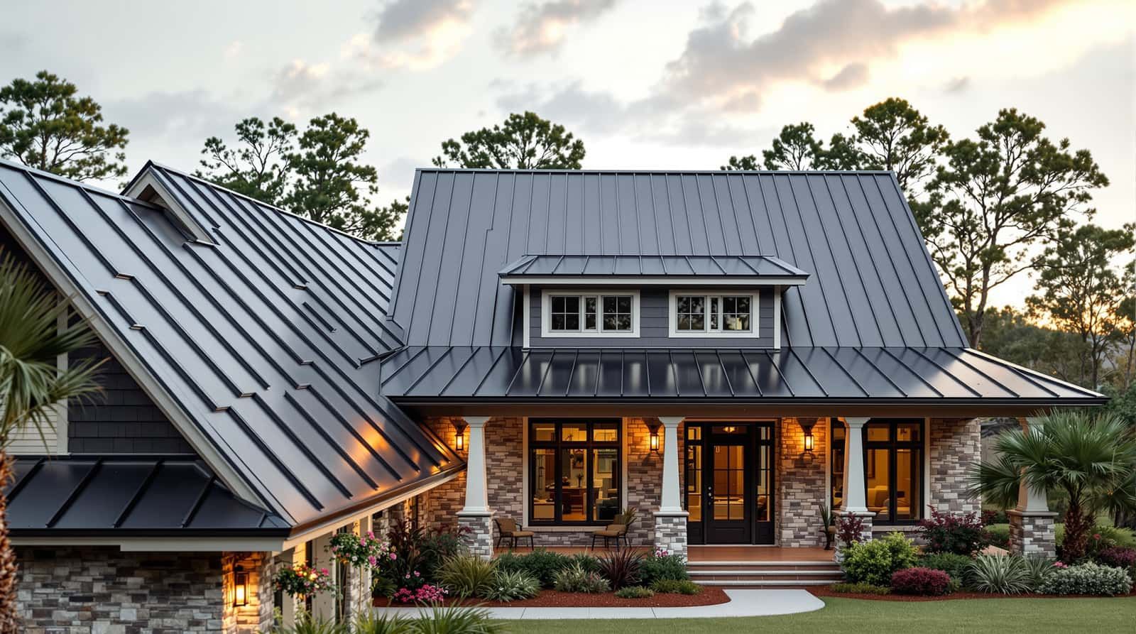 Standing seam metal roofing installation on a residential home in Orange Beach, Baldwin County, Alabama by Southern Roofing Systems showing concealed clip attachment system with Kynar 500 PVDF coated panels rated for Gulf Coast salt air corrosion resistance and ASCE 7 Wind Zone III wind uplift specifications with thermal movement allowance designed for 140 to 160 mph design wind speeds across the coastal Alabama climate
