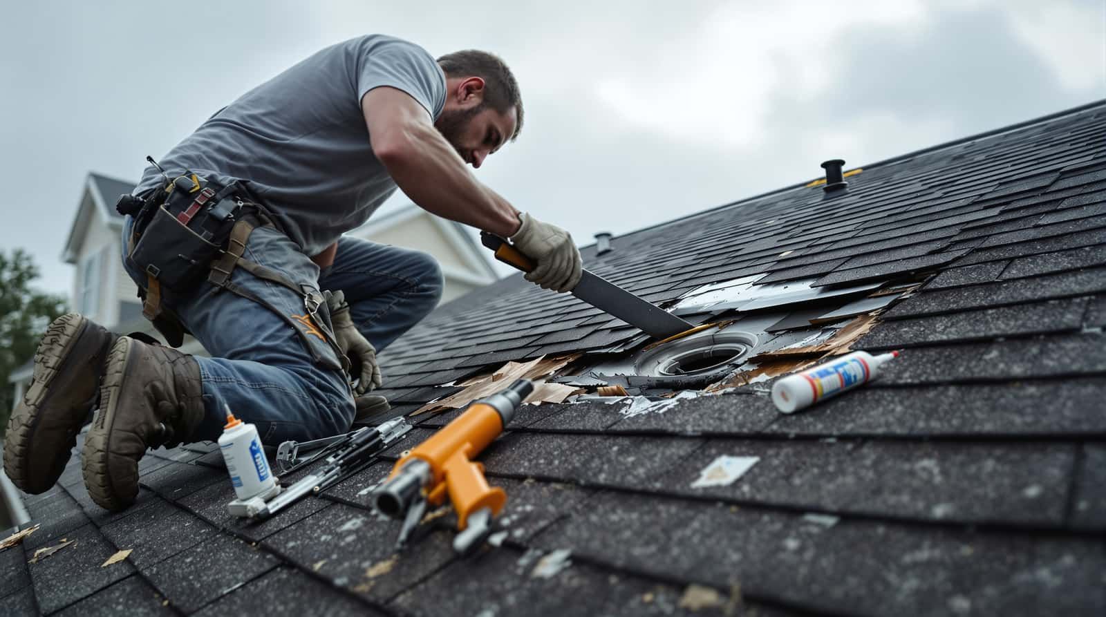 Roof repair in progress on a residential home in Mobile, Mobile County, Alabama by Southern Roofing Systems showing targeted flashing replacement and shingle repair using wind-rated materials meeting ASCE 7 Wind Zone III specifications for Gulf Coast conditions with ring-shank nails and EPDM pipe boot replacements rated for 140 to 160 mph design wind speeds and 66 inches of annual rainfall exposure across Mobile County