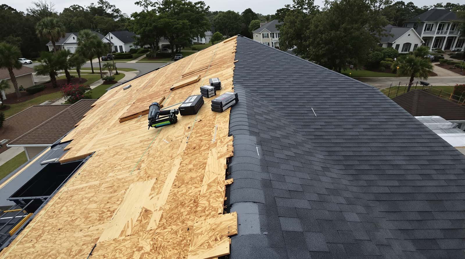 Roof replacement project completed on a residential home in Mobile, Mobile County, Alabama by Southern Roofing Systems showing new architectural shingles installed over sealed roof deck with synthetic underlayment and ASTM D7158 Class H wind-rated materials meeting ASCE 7 Wind Zone III specifications for Gulf Coast hurricane conditions with six-nail fastener patterns and ice and water shield membrane at eaves rated for 140 to 160 mph design wind speeds across the Mobile County coastal climate