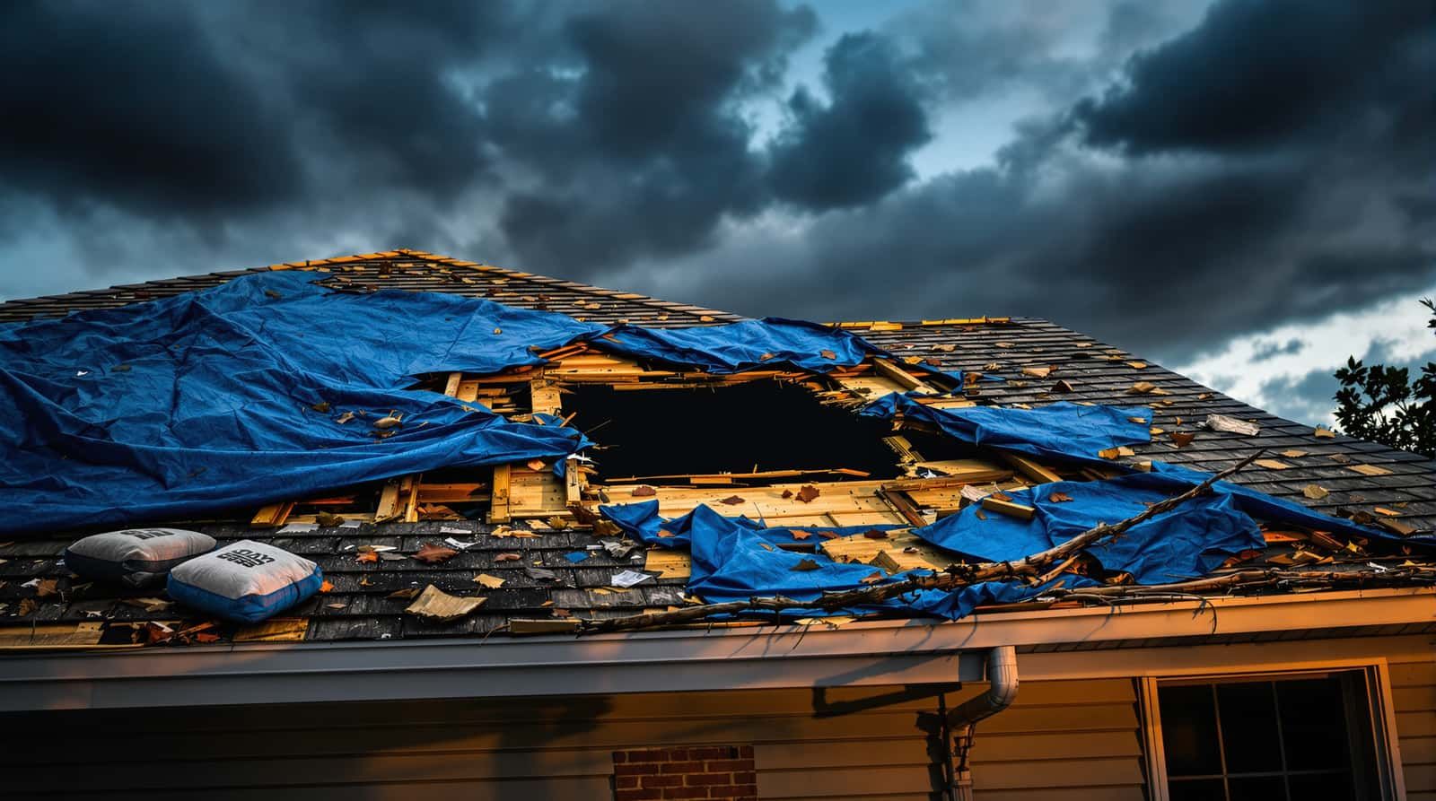 Storm damage roof repair on a residential home in Fairhope, Baldwin County, Alabama by Southern Roofing Systems showing emergency tarping and wind uplift damage assessment after Gulf Coast tropical storm with insurance claim documentation for Baldwin County homeowners including timestamped photographic evidence of shingle loss and flashing failure caused by 140 to 160 mph wind gusts common during hurricane season across the coastal Alabama region