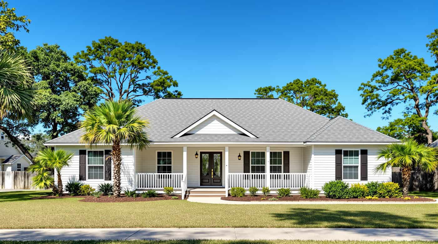 Coastal home in Orange Beach, Alabama with a new wind-rated roof installed by Southern Roofing Systems featuring architectural shingles and sealed roof deck meeting ASCE 7 Wind Zone III specifications for Gulf Coast hurricane conditions including salt air corrosion resistance and enhanced fastener patterns required within Baldwin County coastal exposure zones