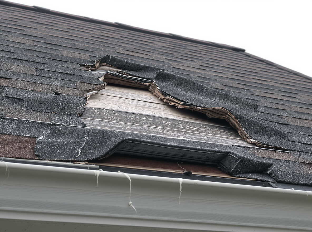 Wind uplift damage on residential asphalt shingles in Mobile Alabama showing typical failure pattern from Gulf Coast storm winds exceeding design limits of older nail patterns requiring immediate roof repair assessment by qualified roofing contractor