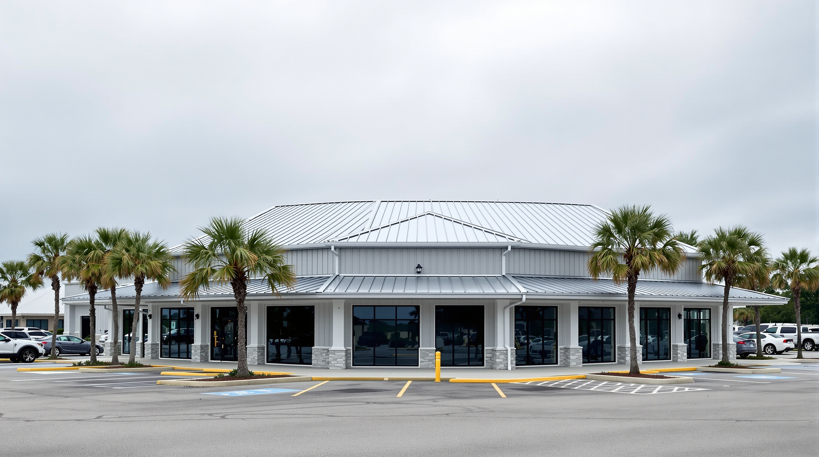 Completed commercial standing seam metal roof with concealed fastener Galvalume panels and salt air resistant PVDF coating installed by Southern Roofing Systems on a Baldwin County Alabama business property, demonstrating the 35 to 50 year service life and minimal maintenance advantages of commercial metal roofing on the Gulf Coast