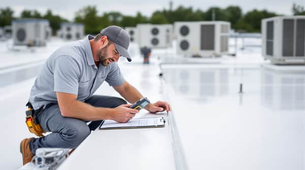 Commercial roof maintenance inspection on a flat TPO roof in South Alabama — proactive program to extend roof life and prevent emergency repairs